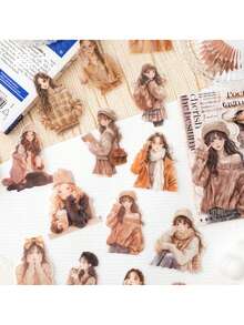 30/120张温柔日记系列PET模切贴纸包，时尚冬装女性角色贴纸，学生计划装饰贴纸