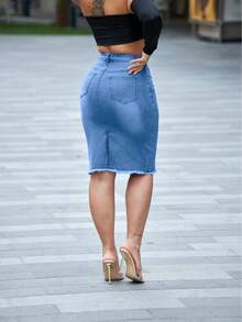 女士破洞磨边口袋性感牛仔半身裙 - 中等水洗藍 - 查看 4