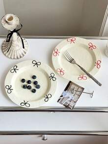 1pc Ins Style Cute Bow Ceramic Plate, Household Bow Design Tableware Ceramic Plate, Shallow Dish, Dessert & Fruit Plate, Breakfast Plate For Single Use - Multicolor - View 9