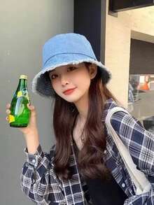 渔夫帽，春夏同款蝴蝶刺绣遮阳牛仔渔夫帽，磨边牛仔帽，纯色牛仔帽，牛仔帽，牛仔渔夫帽，韩版复古渐变色渔夫帽 - 牛仔蝴蝶結漁夫帽 - 查看 4