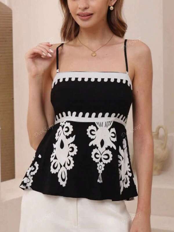 Women's Summer Casual Floral Print Contrast Color Ruffle Hem Tied Camisole