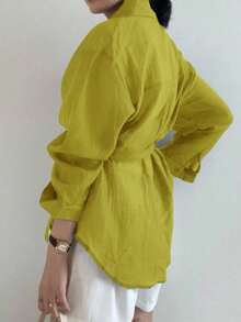 Áo sơ mi nữ dáng suông tối giản, màu trơn, hở vai, thắt nơ phía trước, thích hợp cho mùa xuân và mùa thu. - Màu Mù tạt vàng - Xem 2