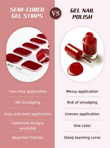 16 pièces de bandes d'ongles en gel semi-cuites rouges, emballages complets autoadhésifs en gel minimalistes à paillettes, durée de 14 jours, nécessite une lampe UV, autocollants d'art nail rapide pour le DIY quotidien des femmes