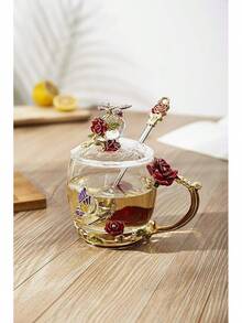 Taza de té de flor de vidrio transparente (con cuchara y tapa), tazas de té elegantes, taza de té de flor, taza de té como regalo, regalos para mujeres, regalo para el Día de la Madre, en caja de regalo. (Taza alta azul rosa) - Rojo - Ver 3