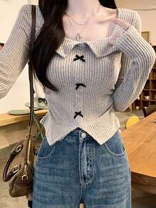 Vintage American Sexy Bowknot Collar Long Sleeve T-Shirt For Women, Slim Fit Casual Tee