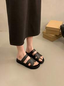 Sandalias planas casuales de unicolor para damas,plantilla con plataforma recortada inspiradas en el lujo - Negro - Ver 5