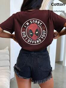Marvel Áo thun họa tiết Deadpool, 100% cotton, Áo thun nữ cổ tròn tay ngắn, mặc thường ngày, xuân hè, thoải mái - màu đỏ hạt dẻ - Xem 1