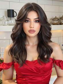 Black Brown Synthetic Wig With Bangs, Dark Brown Long Wavy Layered Wig, Suitable For Women's Daily Party Cosplay Wig 20 Inch - Black - View 2