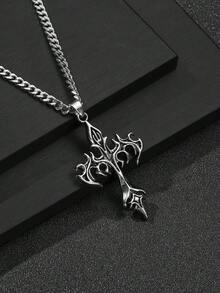 1pc Fashion European & American Vintage Personalized Hiphop Flame Cross Pendant Necklace, Suitable For Men's Daily Street Wear And Gifting - Antique Silver - View 1