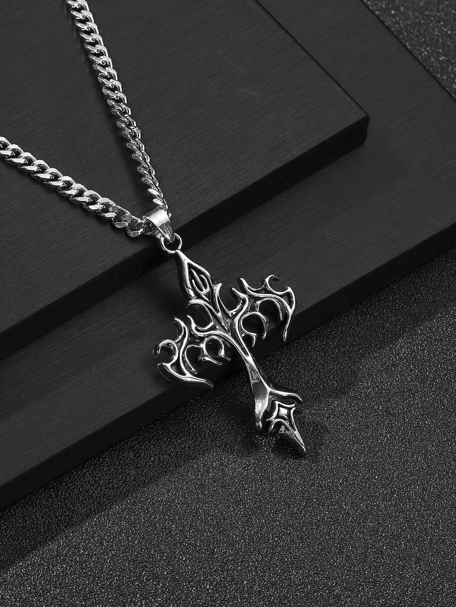 1pc Fashion European & American Vintage Personalized Hiphop Flame Cross Pendant Necklace, Suitable For Men's Daily Street Wear And Gifting - Antique Silver - View 1