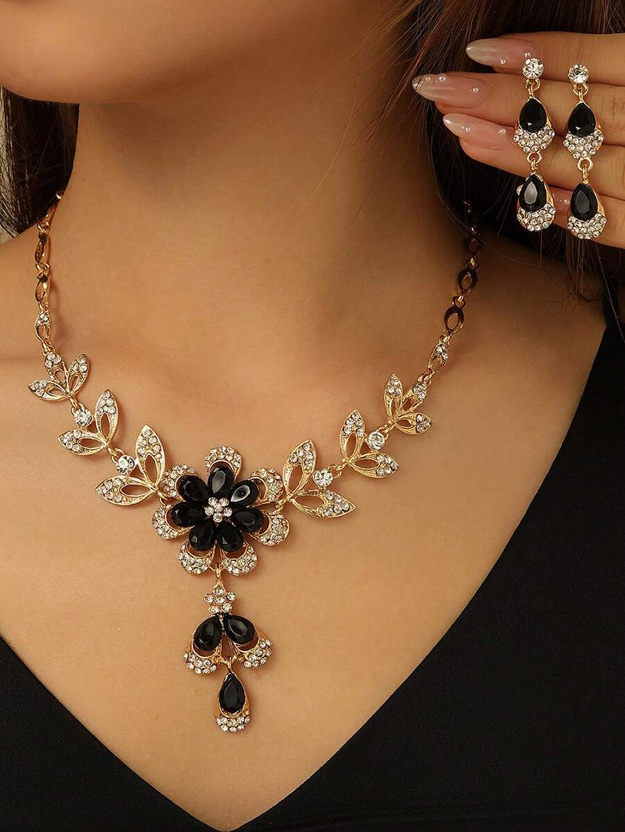 3pcs Women Necklace Earrings Set - Beautiful Flower Design With Rhinestones, Black Water Drop Flower Tassel Necklace, Elegant Delicate Choker, Shiny Party Gift