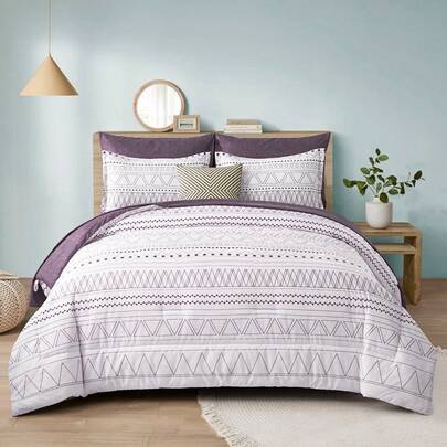 7 Piece Sage Green/Purple Boho Comforter Set Queen King Size Stripe Bed In A Bag Bedding Set For All Seasons Oatmeal Reversible Soft Microfiber Comforter With Sheets, Pillowcases & Shams,Fathers Day Gifts