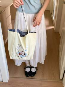 New Embroidered Canvas Bag, Large Capacity Shoulder Bag, Korean Style Versatile Tote Bag, Commute Work School Handbag