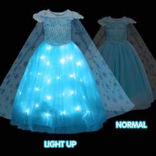 UPORPOR 女童公主裙带斗篷，发光服装派对装扮服装，角色扮演服装（不含电池） - 藍色 - 查看 5