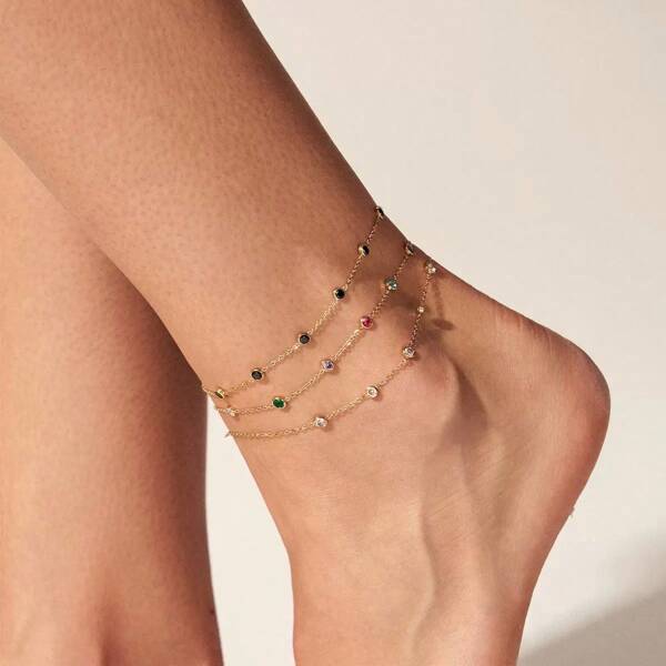 1pc Colorful Contrast Rhinestone Anklet, Stainless Steel Vintage Versatile Chain Jewelry