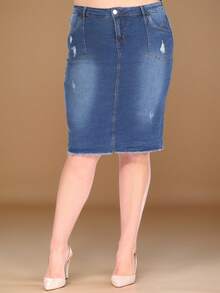 Women Plus Stretch Denim Distressed Pencil Skirt  Plain - Rửa chàm - Xem 2
