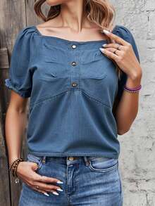 Blusa casual denim mezclilla ligera dama mujer cuello redondo botones decorativos manga corta elástico smog bajo amplio cómodo primavera verano calor día noche playa vacaciones comida fiesta - Azul lavado medio - Ver 1