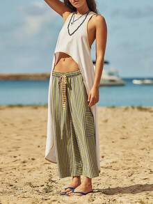 Women's Drawstring Striped Trousers Loose Wide Leg Casual Trousers Casual Paraiso Trousers With Pockets Trousers - 橄欖綠 - 查看 3
