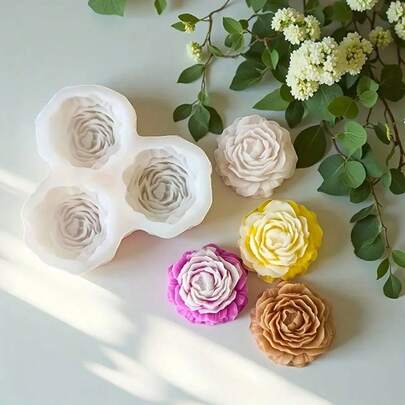 3 Cavity Flower Silicone Mold, Suitable For DIY Soap, Candle And Wax Melts - Vibrant Rose Design, Odorless, Flexible And Heat Resistant Wax Mold, Easy Demolding And Cleaning, Soap Mold