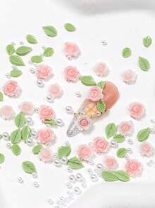 Rose Nail Art Accessories, Pink Flower Leaf Pearl Versatile And Simple Nail Art Pendants, DIY Wearable Nail Handcrafted Art Decorative Small Accessories, Suitable For Nail Art Culture Salons