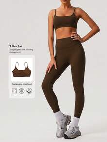 Sodalemon 女士纯色加厚运动文胸和瑜伽紧身裤两件套，简约设计，适合夏季健身训练。 - 棕色 - 查看 8