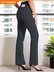 ZUTY 32'' Women's Bootcut Yoga Dress Pants Stretch Lightweight Work Office Flare Leggings Wide Leg With Belt Loops 4 Pockets - 32''鐵灰色* - 查看 2
