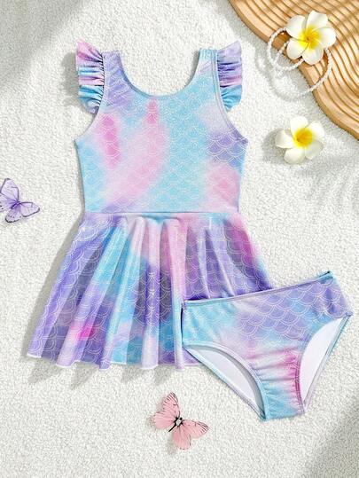 Conjunto de traje de baño de estilo de cola de sirena degradado púrpura, sueño púrpura para niña pequeña