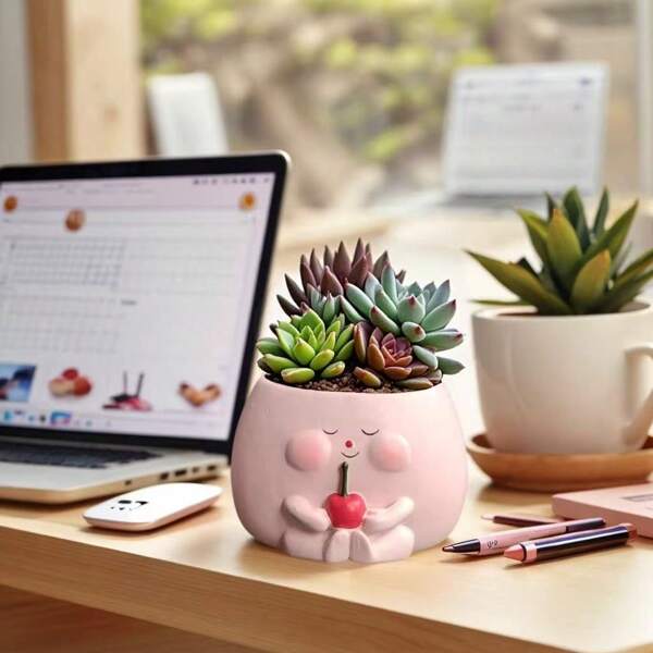 1 Pc Cute Succulent Planter, Resin Handholding Cherry Design, For Outdoor, Garden, Office, Bedroom Use