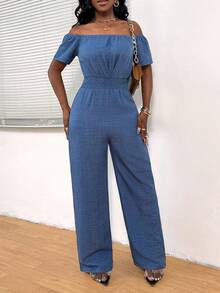 女式纯色细肩带连体裤，休闲直筒短袖，夏季