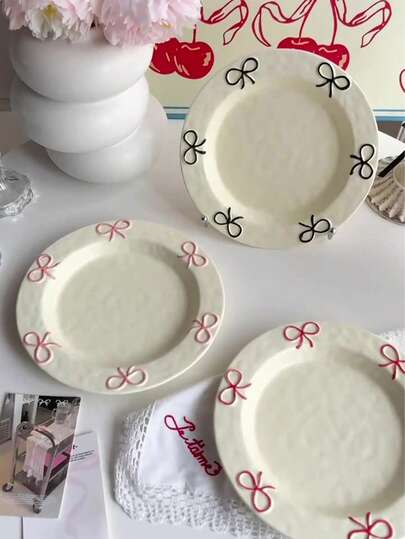 1pc Ins Style Cute Bow Ceramic Plate, Household Bow Design Tableware Ceramic Plate, Shallow Dish, Dessert & Fruit Plate, Breakfast Plate For Single Use