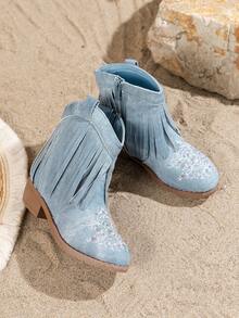 1 双女童高帮休闲防滑公主靴，时尚百搭，适合秋冬 - 藍色 - 查看 5