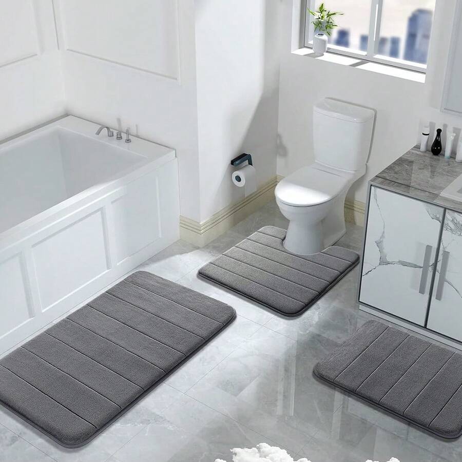 3PCS Memory Foam Bath Mat Ultra Soft Bathroom Toilet Anti Slip Rug Pedestal Set Black/Grey/Blue - Dark Grey - View 1