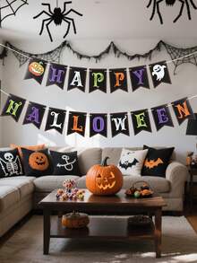 1set Halloween Hanging Paper Banner, Happy Halloween Pulling Flags, Halloween Hanging Flag Banner For Halloween Party Decor Home Decoration Room Decor, Halloween Party Background Decoration Hanging Flags, Halloween Party Photo Props, Background Decor, Holiday Decor, Halloween Decor, Party Favor