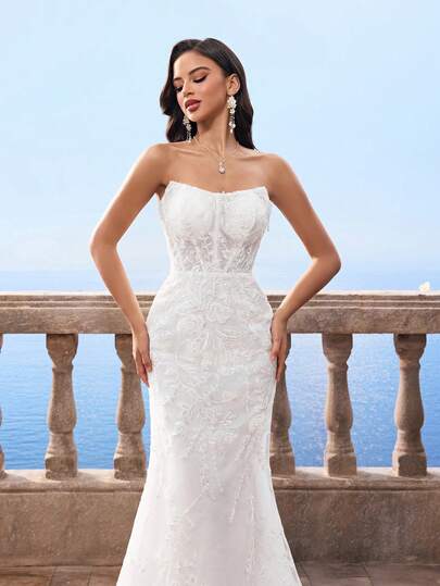 Appliques Sequin White Lace Formal Evening Gown, Mermaid Wedding Dress For Bride Spring