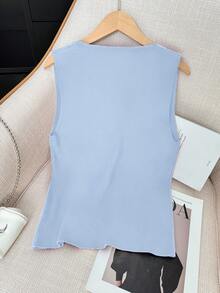 Chaleco de mujer de un solo botonadura de unicolor tejido, chaleco de mujer con botones, chaleco sin mangas informal de punto de cuello en V para verano, chaqueta de mujer tipo cárdigan, tejido corto de punto con frente abierto, primavera verano otoño - Azul - Ver 4