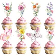 16 Stück Frühlingsschmetterling & Blumen Aquarell Dessert Deko Cupcake Aufstecker