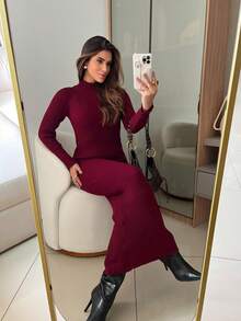 RIBBED DRESS WITH ELEGANT SLEEVES HIGH QUALITY MODAL AUTUMN AND WINTER - Redwood - View 5