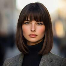 Classic Casual 12" Straight Brown Bob Wig, Synthetic Fibre, Easy Care, For Everyday Wear, Basic Style - 暗棕色 - 查看 4