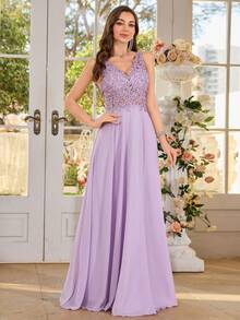 性感深 V 领蕾丝晚礼服优雅正式舞会婚礼宾客礼服，适合毕业典礼、晚宴、露背水钻礼服