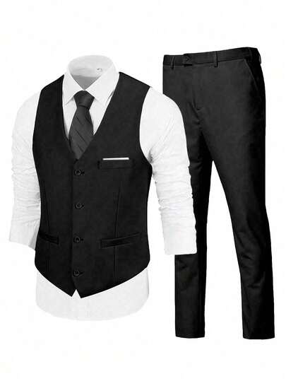 WindsorQuad Traje de 3 piezas para hombre Furuyal, elegante conjunto de caballero de unicolor y corte slim que incluye chaleco, pantalones y corbata, adecuado para negocios, boda, fiesta, baile de graduación, color negro, tallas XS-3XL