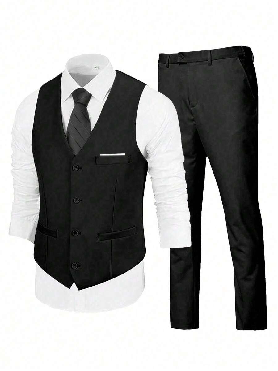 Furuyal Men's 3-Piece Suit, Elegant Solid Color Slim Fit Gentleman's Outfit Including Vest, Trousers And Tie, Suitable For Business, Wedding, Party, Prom, Black, Size XS-3XL - màu đen - Xem 1