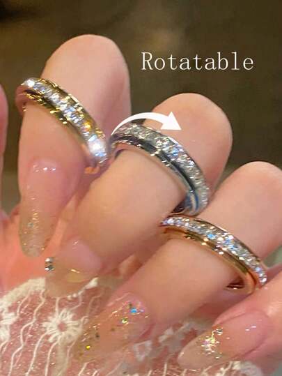 1pc Fashion 18K Gold-Plated Stainless Steel Rotating Cubic Zirconia Ring, Suitable For Women's Daily Wear, Gift