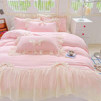 Juego de edredón MOOWOO Chic de encaje y lazo para mujer | Colección de ropa de cama con volantes y fundas de almohada | Elegancia para el hogar, rosa