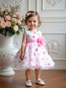 女婴玫瑰印花网纱可爱生日派对连衣裙，适合花童、婚礼、宴会等场合（不含头饰） - 白色 - 查看 4