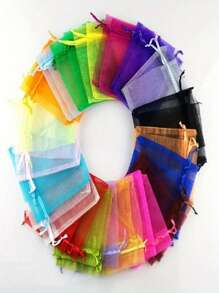 100pcs Transparent Organza Gift Bags, Random Colors, Specially Suitable For Wedding, Party And Valentine's Day, With Drawstring