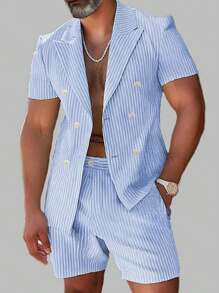 INCERUN Fashion Men Buttons Stripe Short Sleeve Blouse Blazer Coat Shorts Pants Summer Holiday Casual 2PCS Sets Outfits