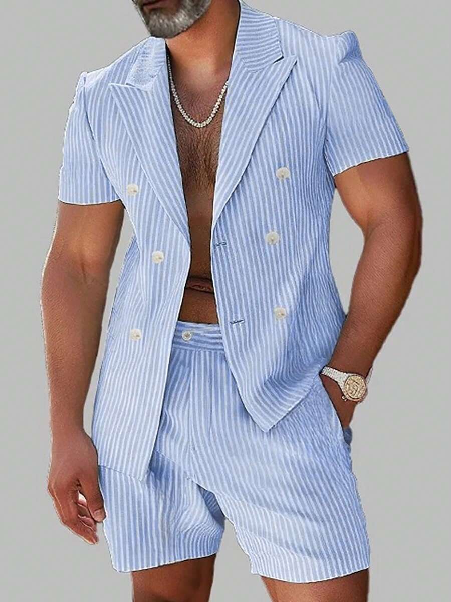 INCERUN Fashion Men Buttons Stripe Short Sleeve Blouse Blazer Coat Shorts Pants Summer Holiday Casual 2PCS Sets Outfits