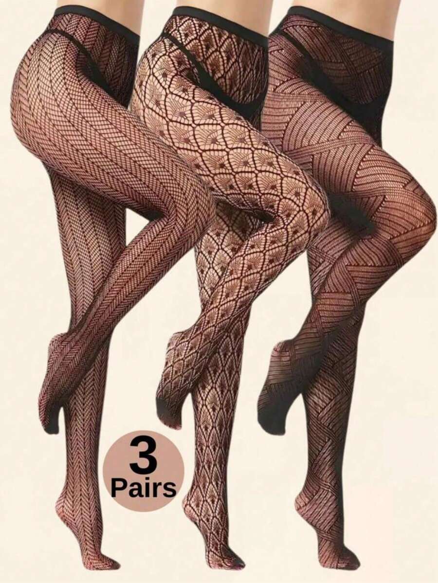 Juego de 3 pares de medias de rejilla con jacquard para mujer de talla grande, pantalones ceñidos verticales huecos, mallas sexy con escamas, adecuadas para fiesta, hogar, oficina, medias negras, pantimedias góticas de estilo Y2K
