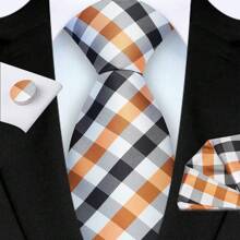 3-Piece Set: 8cm Necktie, Pocket Square & Cufflinks, Plaid Striped Geometric Pattern, High-Quality Classic & Fashion Business/Casual Necktie Set, Men's Wedding/Holiday/Party Gift