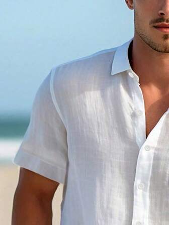 Camisa casual de unicolor para hombre, camisa de manga corta, camisa blanca de moda, camisa hawaiana de resort de playa